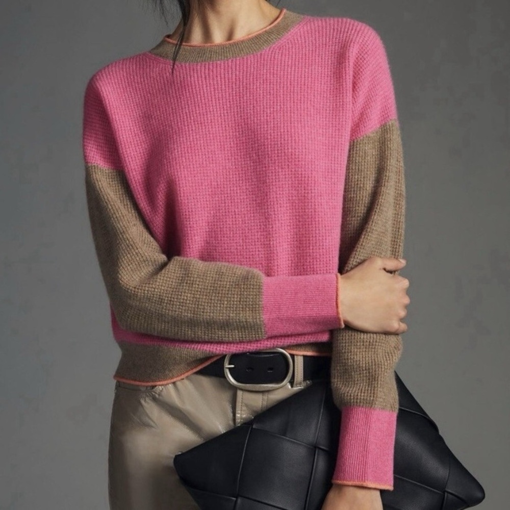 Maeve Anthropologie 100% Cashmere Colorblock Sweater Waffle Knit Pink Large